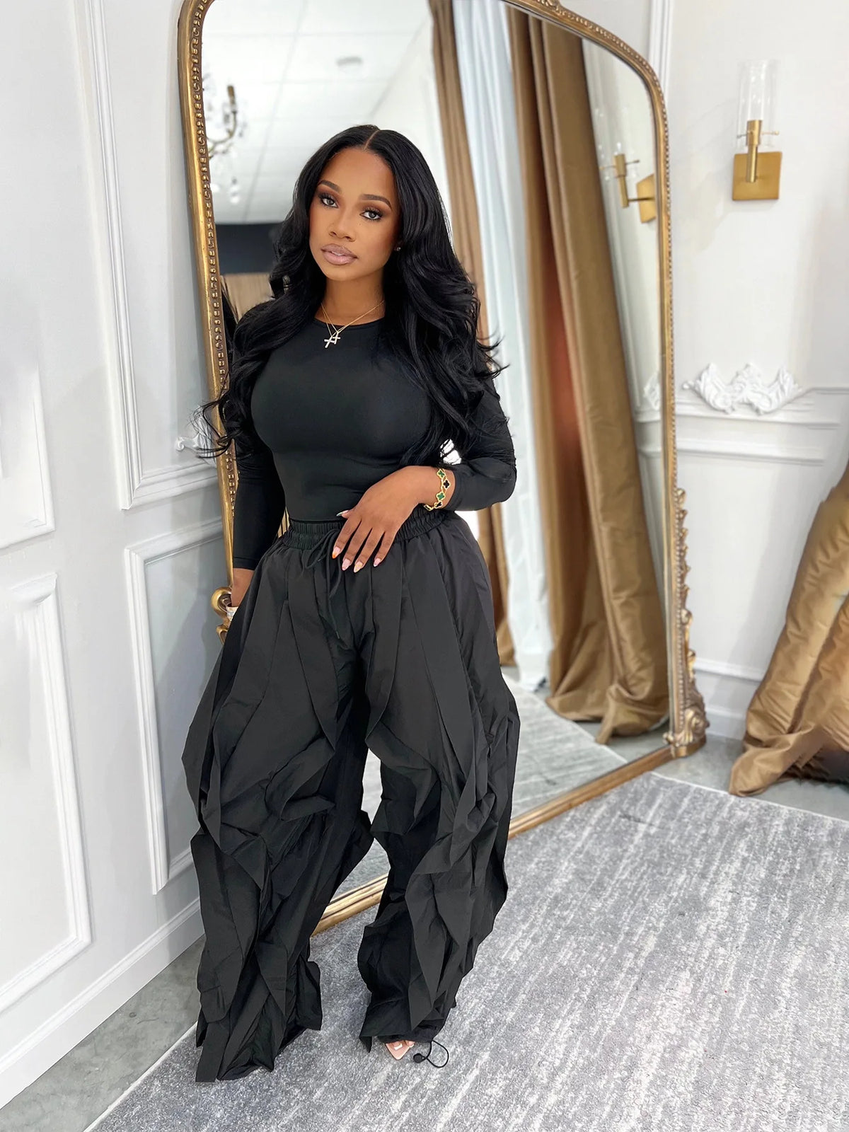 Women's Long-Sleeve Top & Ruffle Pants Set