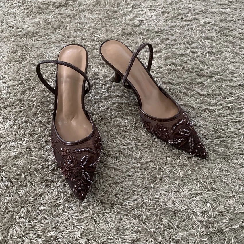 Women's Beaded Mesh Slingback Heels — product view
