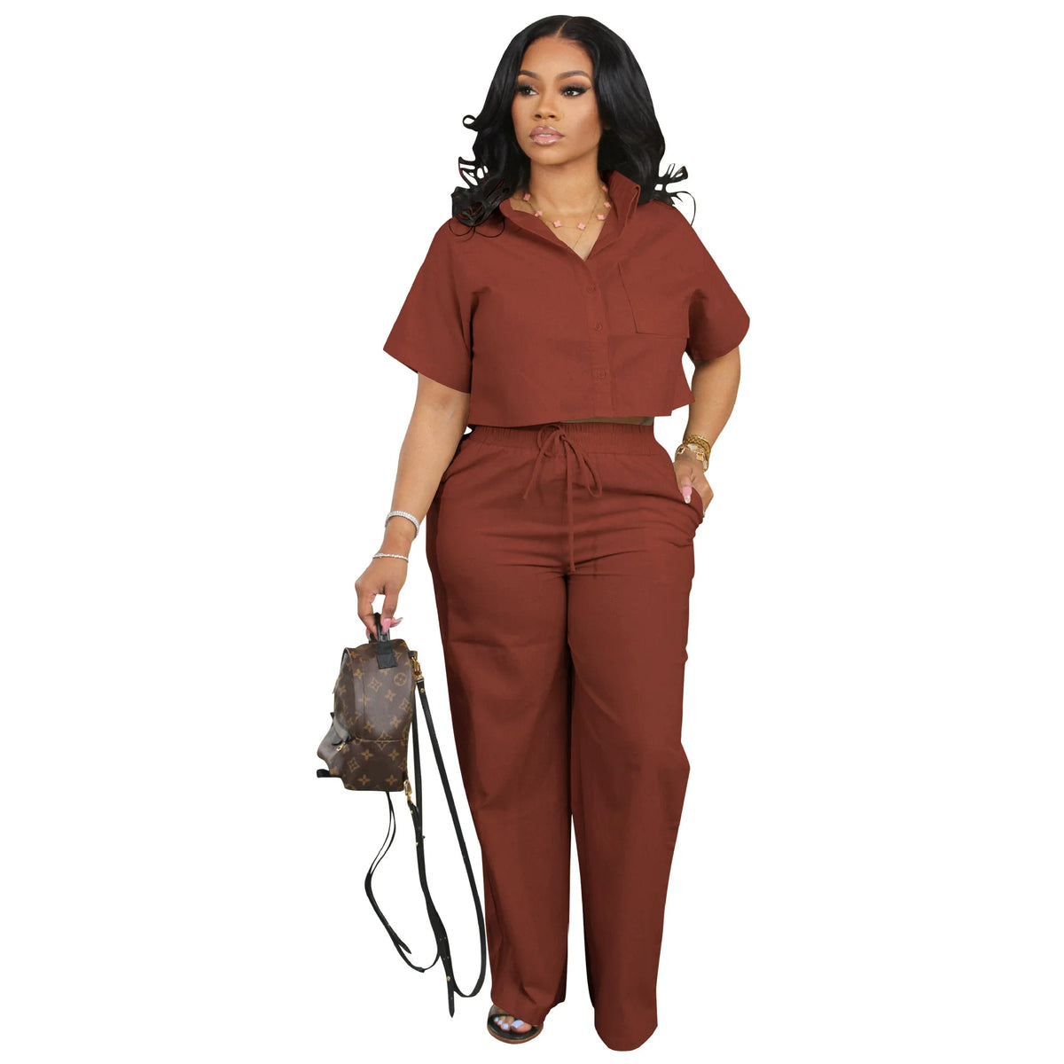 Women's Short-Sleeve Linen Shirt & Wide-Leg Pants Set
