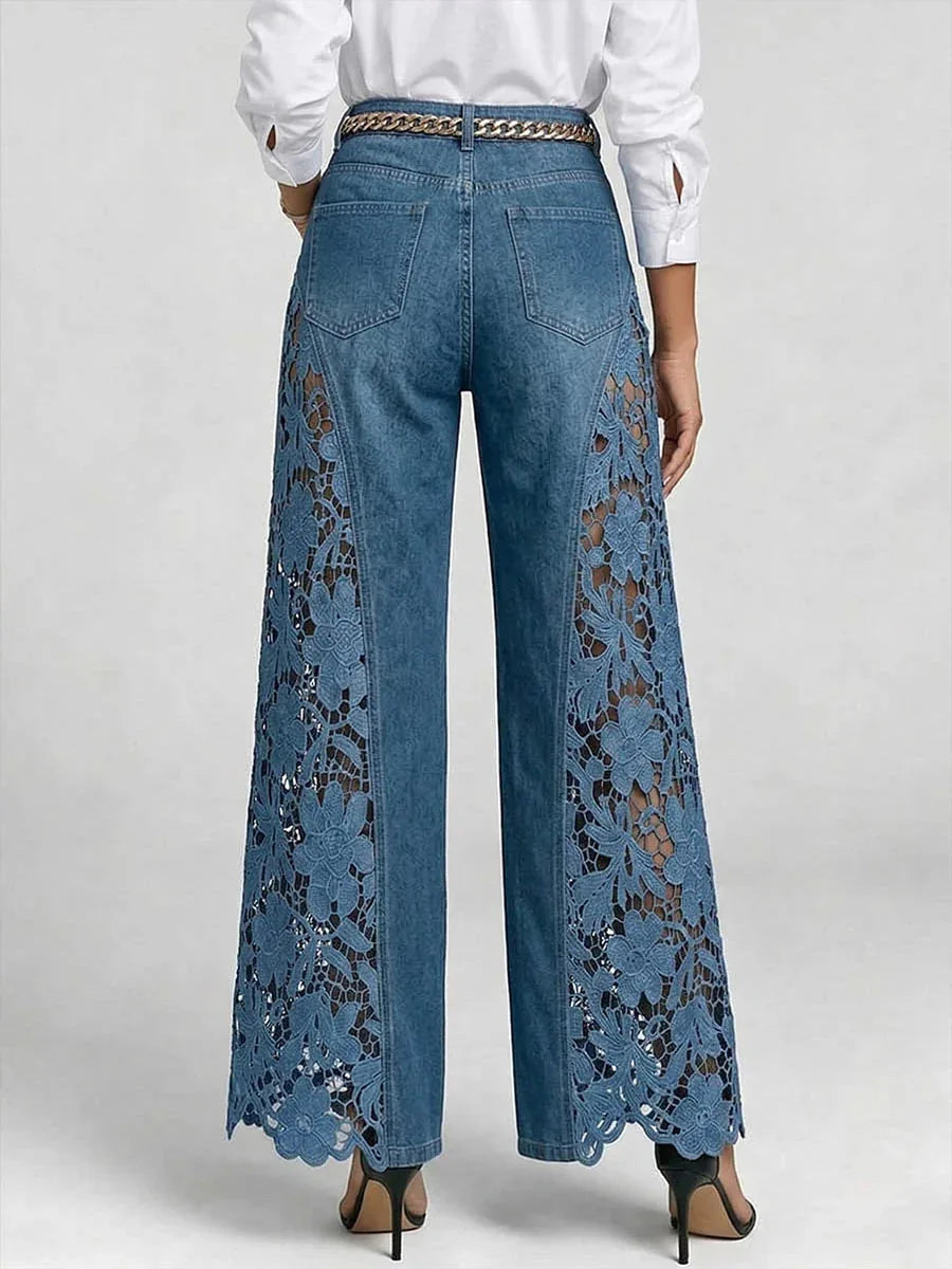 Women's Lace-Detail High-Waist Wide-Leg Jeans — product view