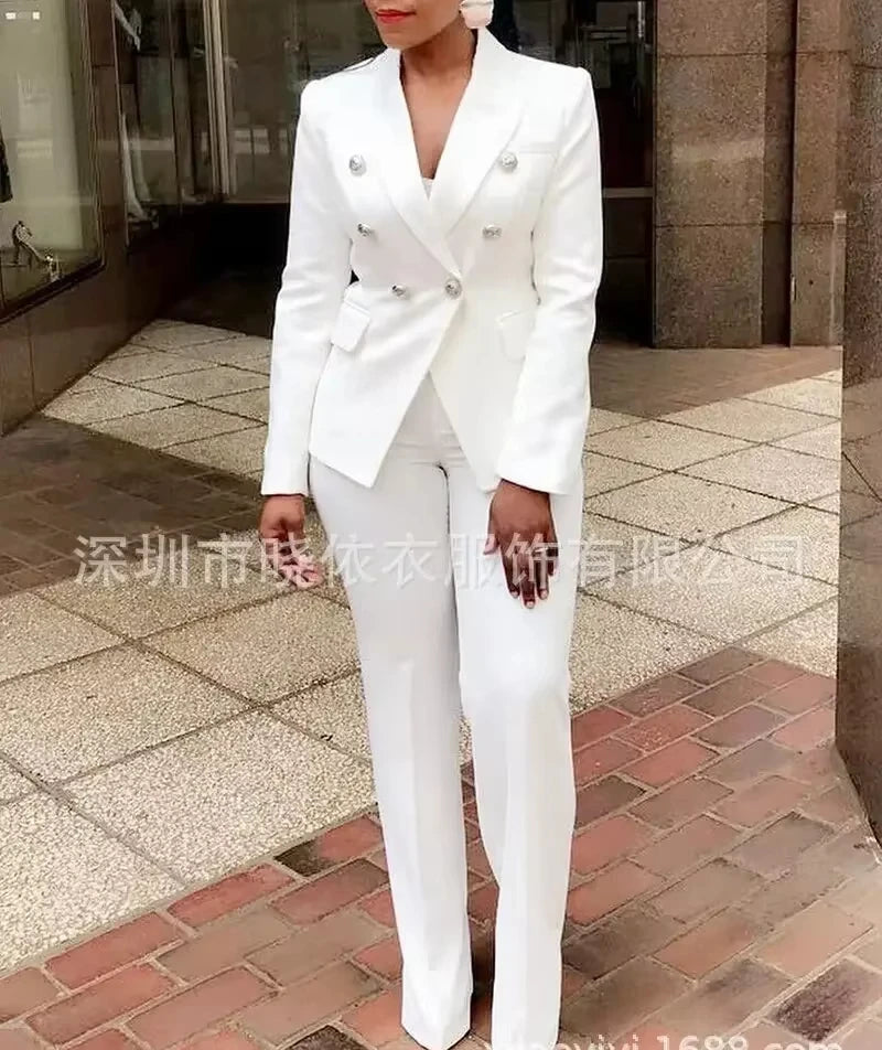 Women's White Blazer & High-Waisted Pants Set