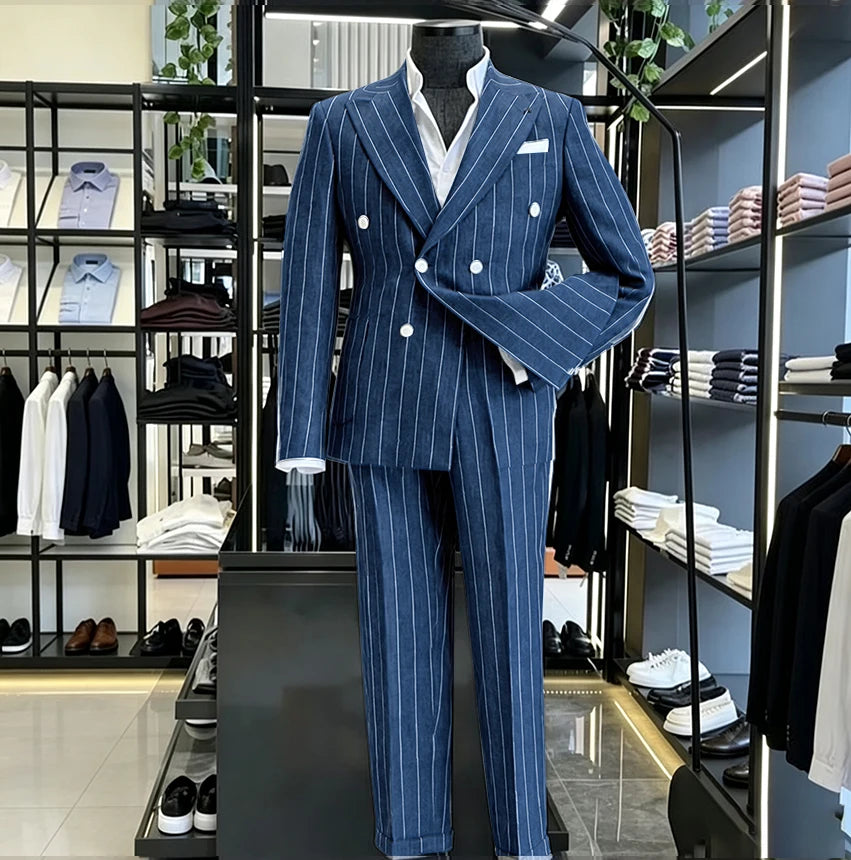 Men's Light Grey Pinstripe 2-Piece Double-Breasted Suit Set — product view