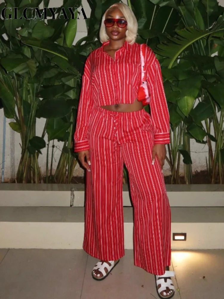 Women's Striped Crop Shirt & Wide-Leg Pants Set