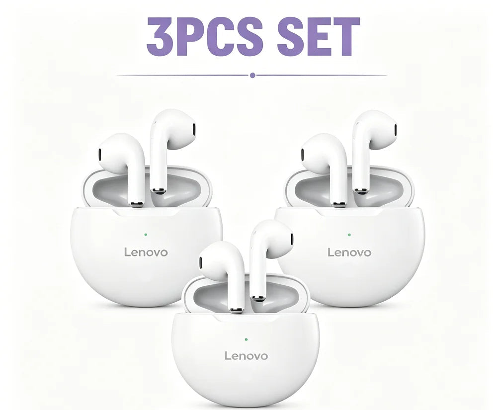 Three pairs of Lenovo wireless earbuds in their white charging cases, arranged on a clean white background with purple text reading '3PCS SET' and 'SNOW WHITE'.