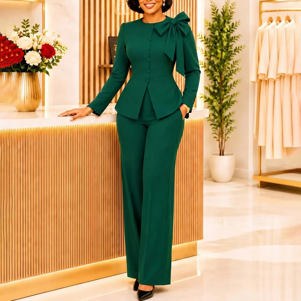 Women's Bow Peplum Top & Wide-Leg Pants Set