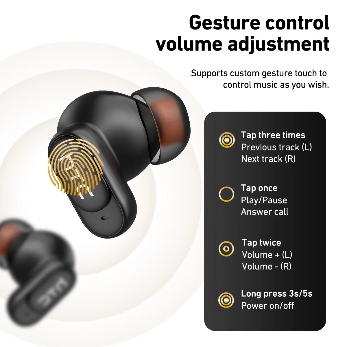 Black wireless earbuds with gesture control features displayed on a white background, featuring the Miniso brand.