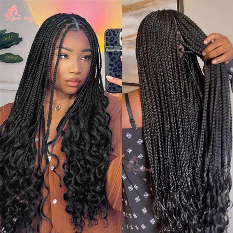 Synthetic Knotless Box Braided Wig French Curly Full Lace Braids Hair - OSASCO