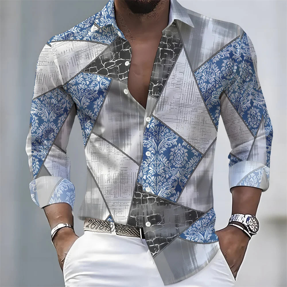 Men's Geometric Print Long-Sleeve Casual Shirt