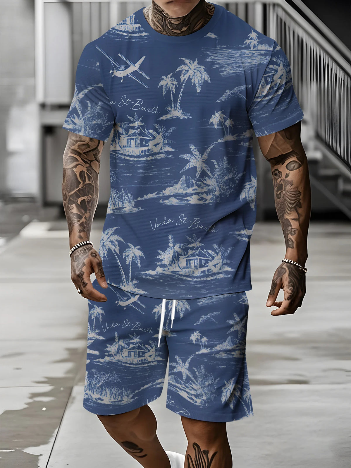 Men's Palm Tree Print Top & Shorts Set