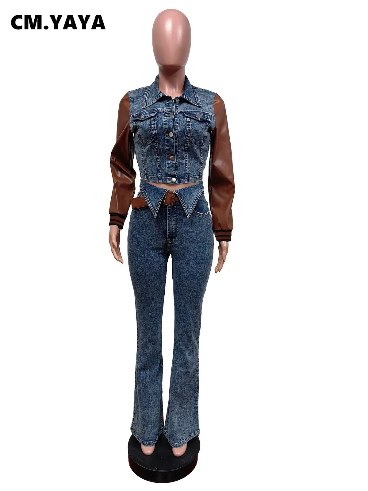 Women's Denim & Faux Leather Jacket & Jeans Set