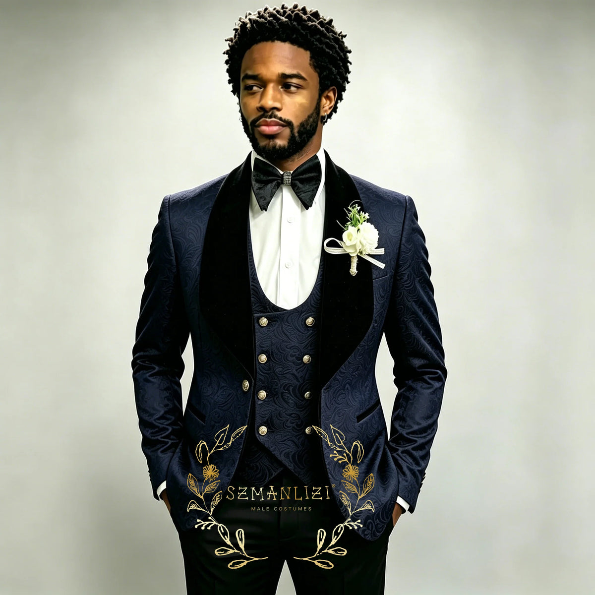 Men's Black Jacquard 3-Piece Suit Set — product view