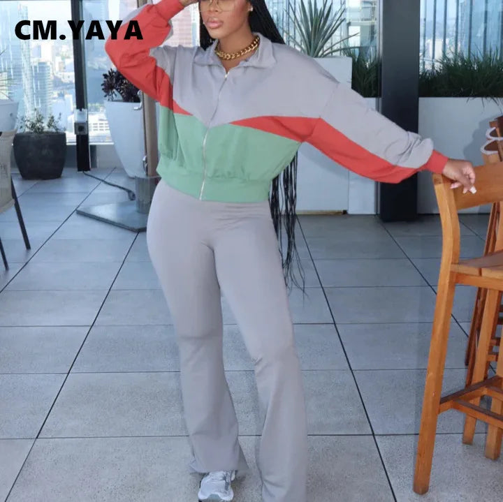 Women's Colour-Block Zip Sweatshirt & Wide-Leg Pants Set
