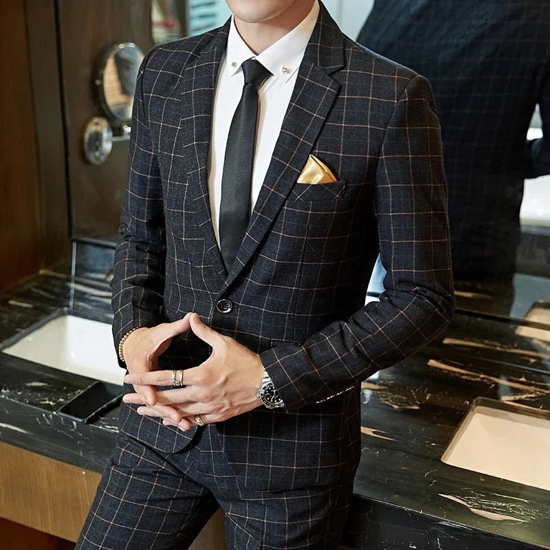 Men's Plaid Slim-Fit Suit Set — product view
