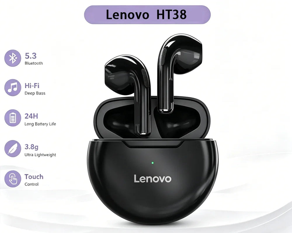 Lenovo HT38 snow white wireless earbuds in their charging case, shown on a white background with product feature icons and Lenovo branding.