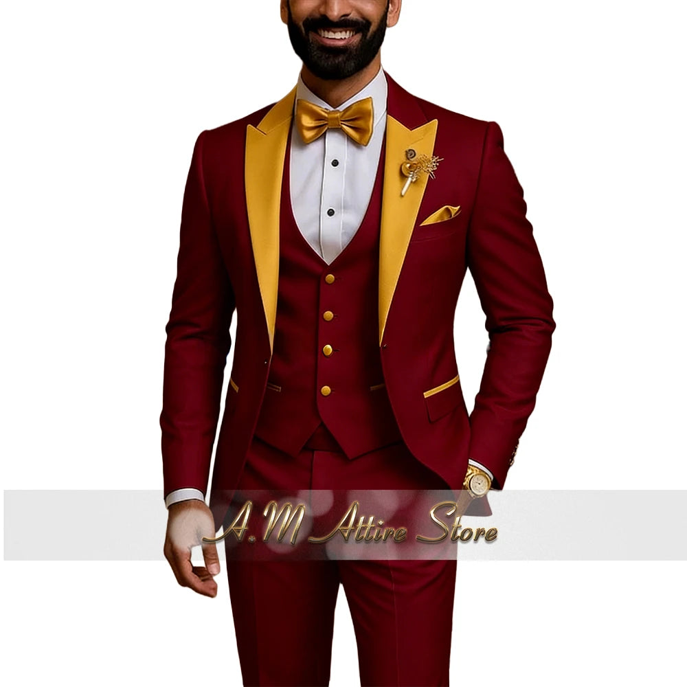 Men's Gold Peak-Lapel Three-Piece Suit Set — product view