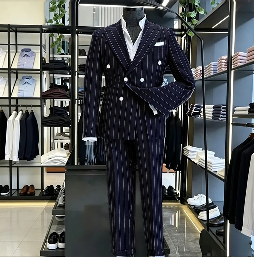 Men's Light Grey Pinstripe 2-Piece Double-Breasted Suit Set — product view