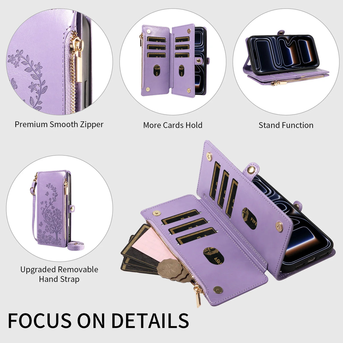 Floral Embossed Crossbody Zipper Wallet Phone Case for iPhone 11, iPhone 12 Pro Max, iPhone 11 Pro Max, iPhone 11 Pro, iPhone XS Max, iPhone XS, iPhone SE (2022), iPhone XR, iPhone 8 Plus, iPhone 8, iPhone 18 Pro & More Models
