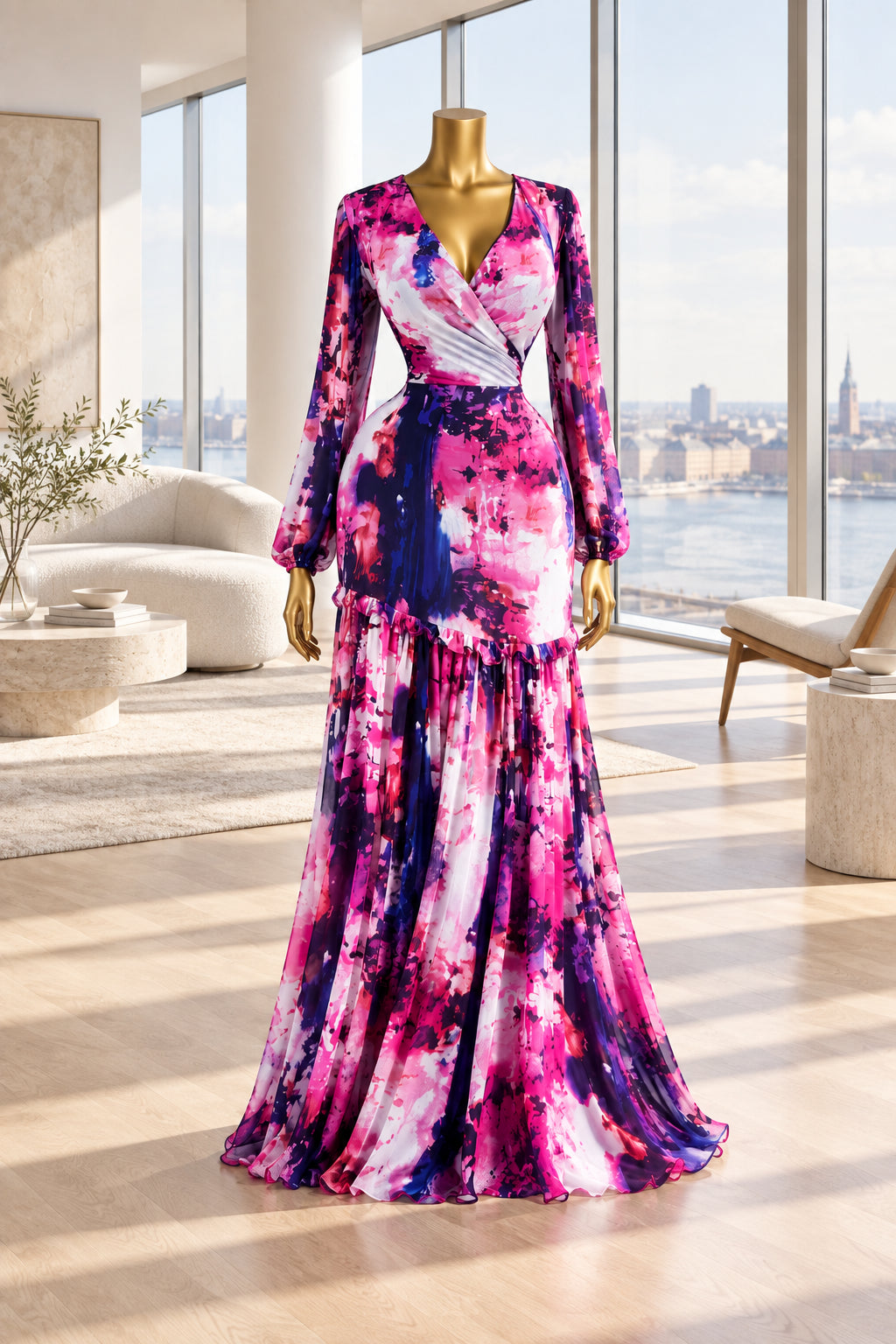 A long-sleeve wrap-style dress displayed on a gold mannequin in an indoor room. The dress has an abstract painterly print in pink, purple, blue, and white.