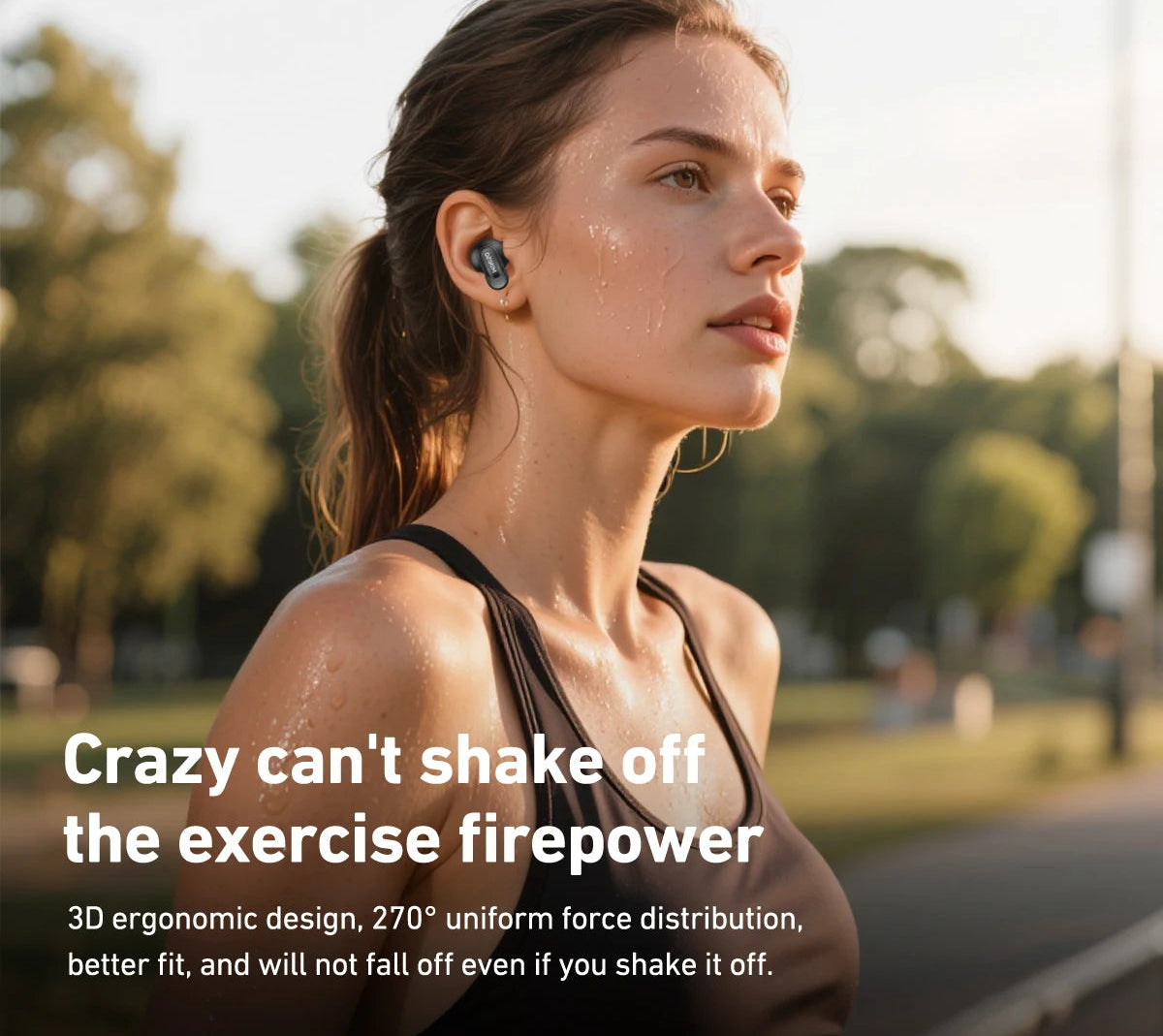 Woman exercising outdoors with earbuds, HTC logo visible
