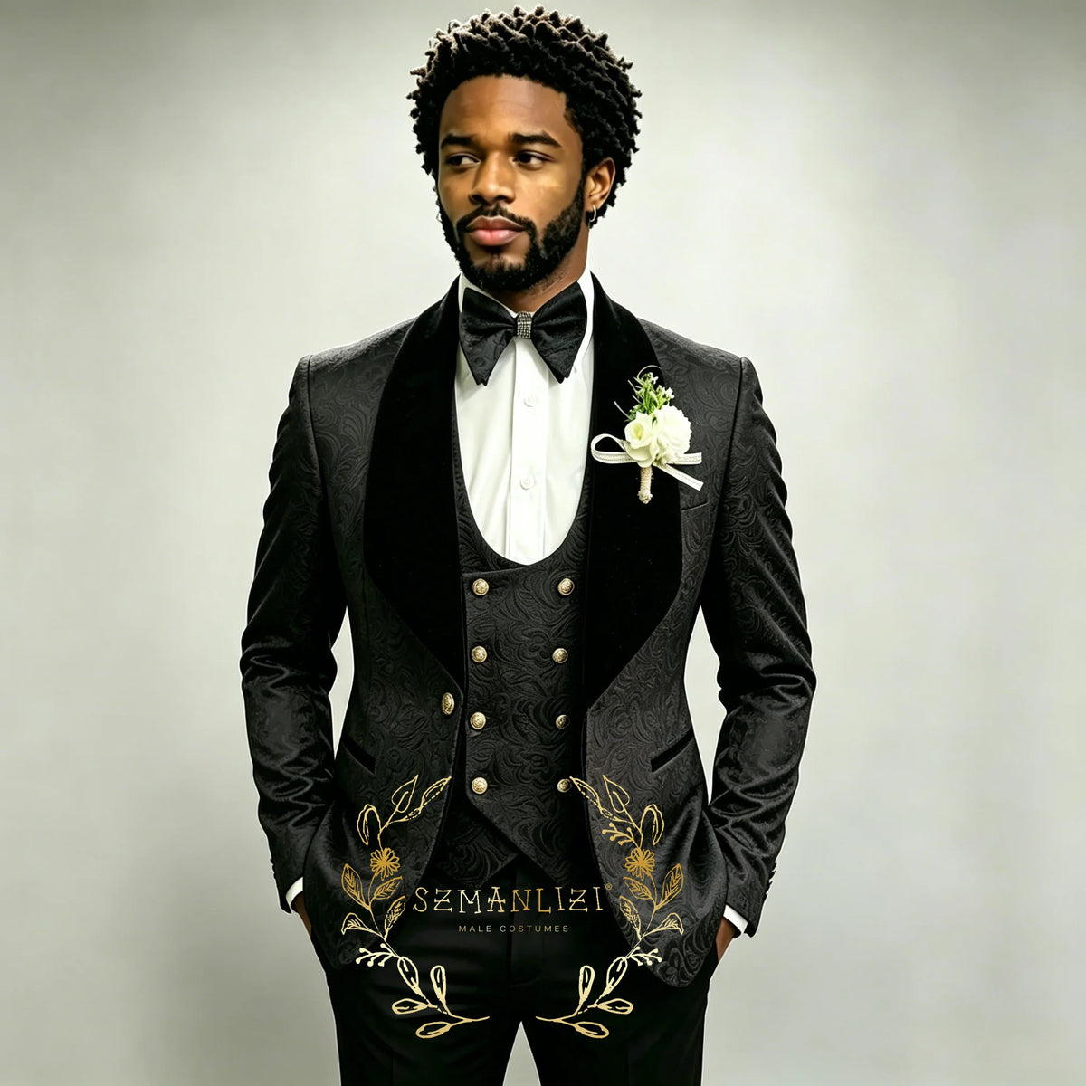 Men's Black Jacquard 3-Piece Suit Set — product view
