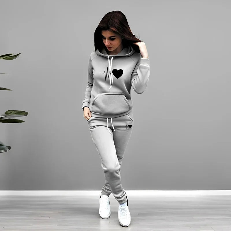 Women's Heart Print Hoodie & Pants Set