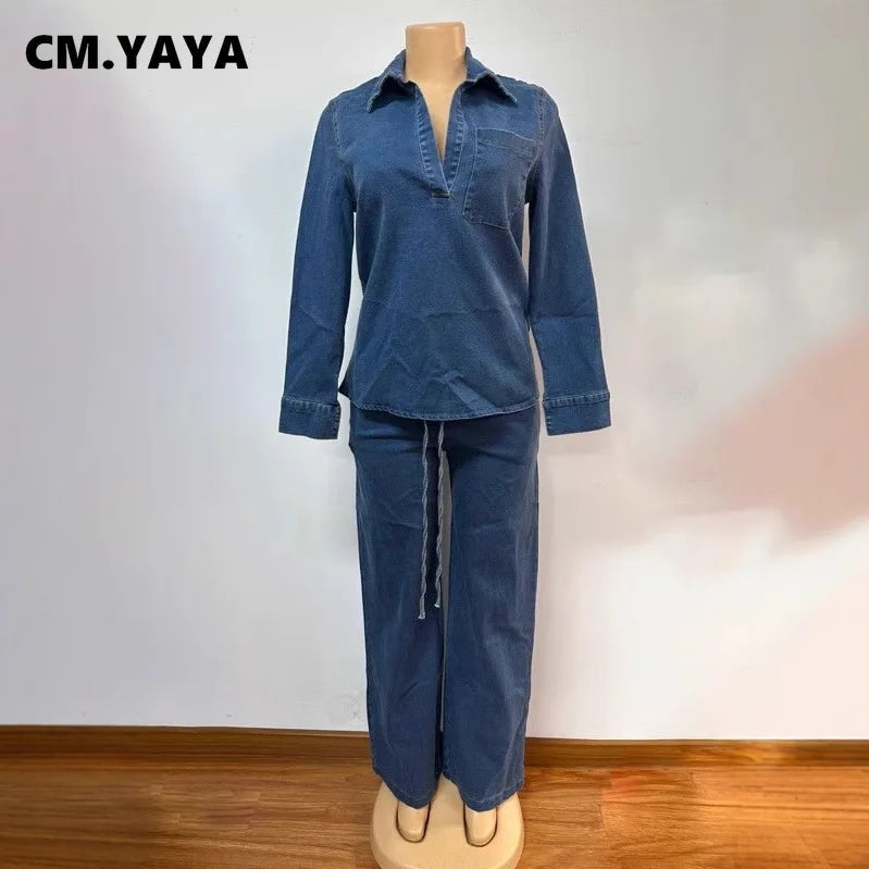Women's Washed Denim Shirt & Wide-Leg Pants Set
