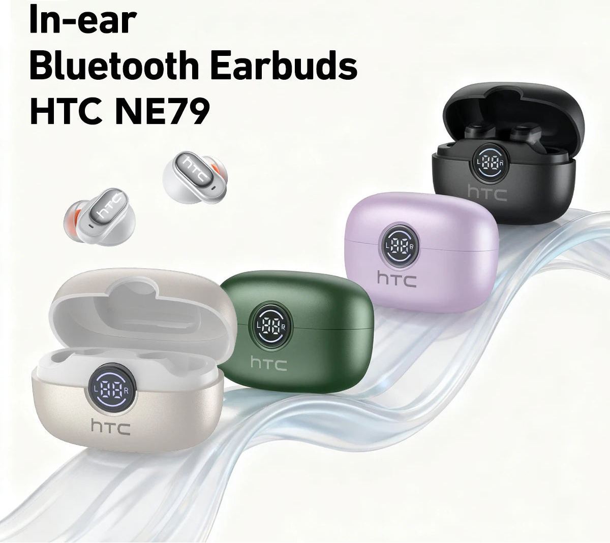 HTC in-ear Bluetooth earbuds with charging case on a white background