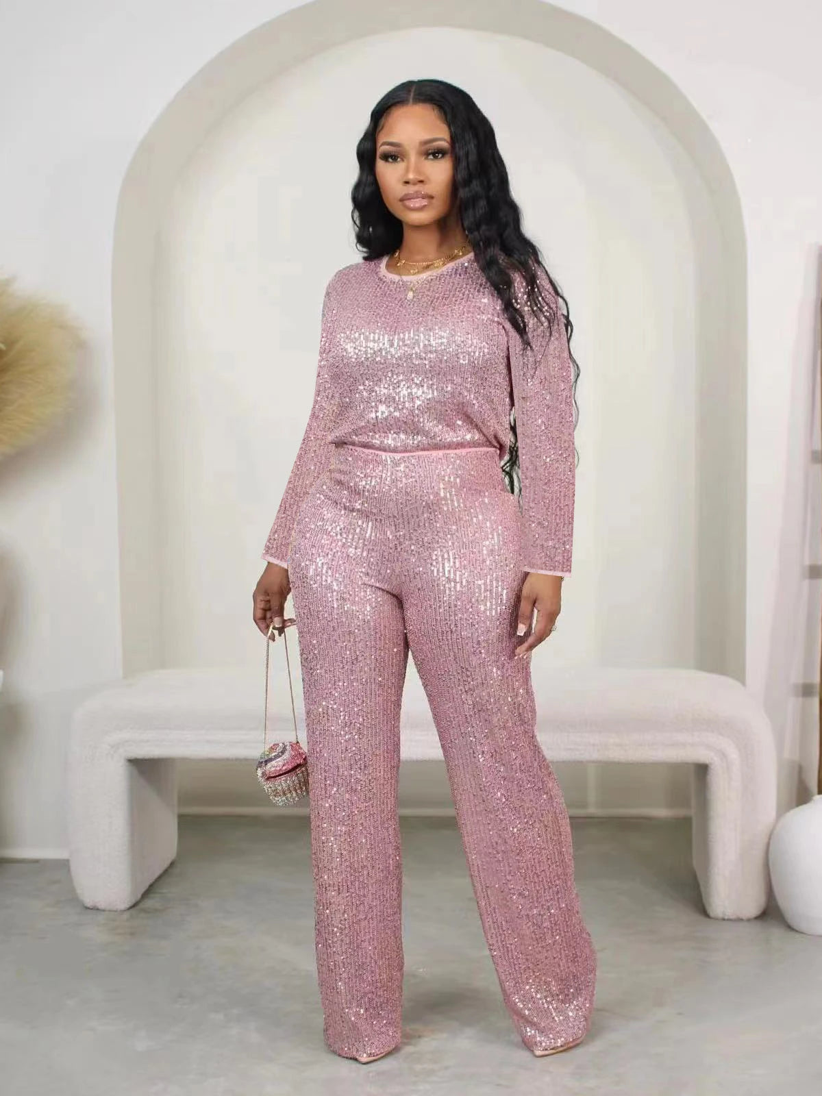 Women's Sequin Top & Wide-Leg Pants Set