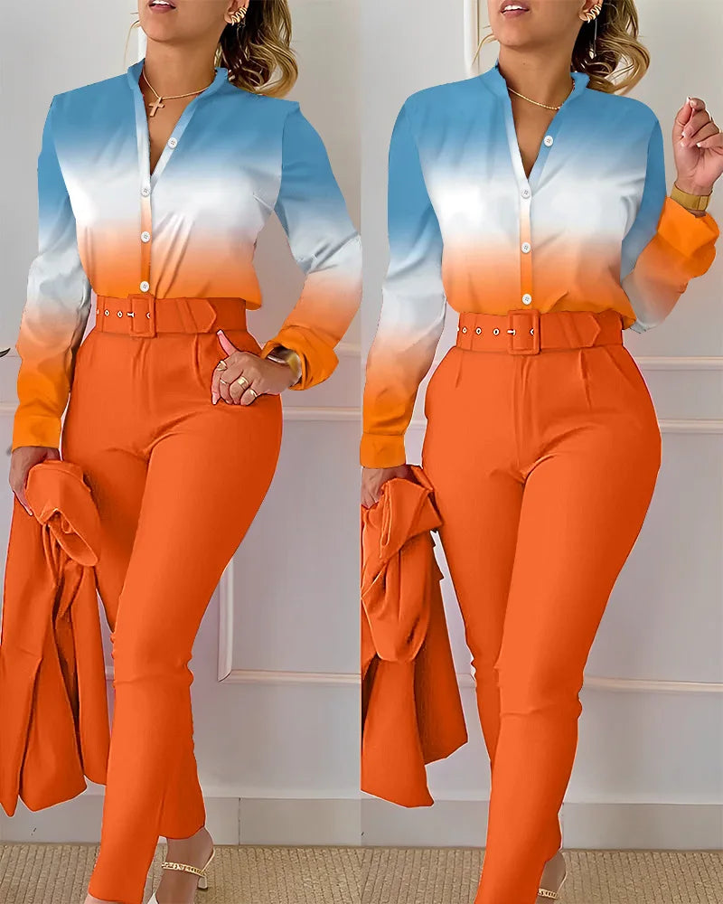 Women's Printed Long-Sleeve Shirt & Pants Set