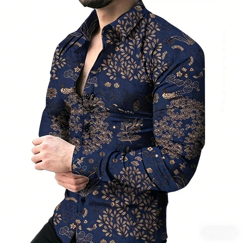 Men's Floral Print Long-Sleeve Casual Shirt