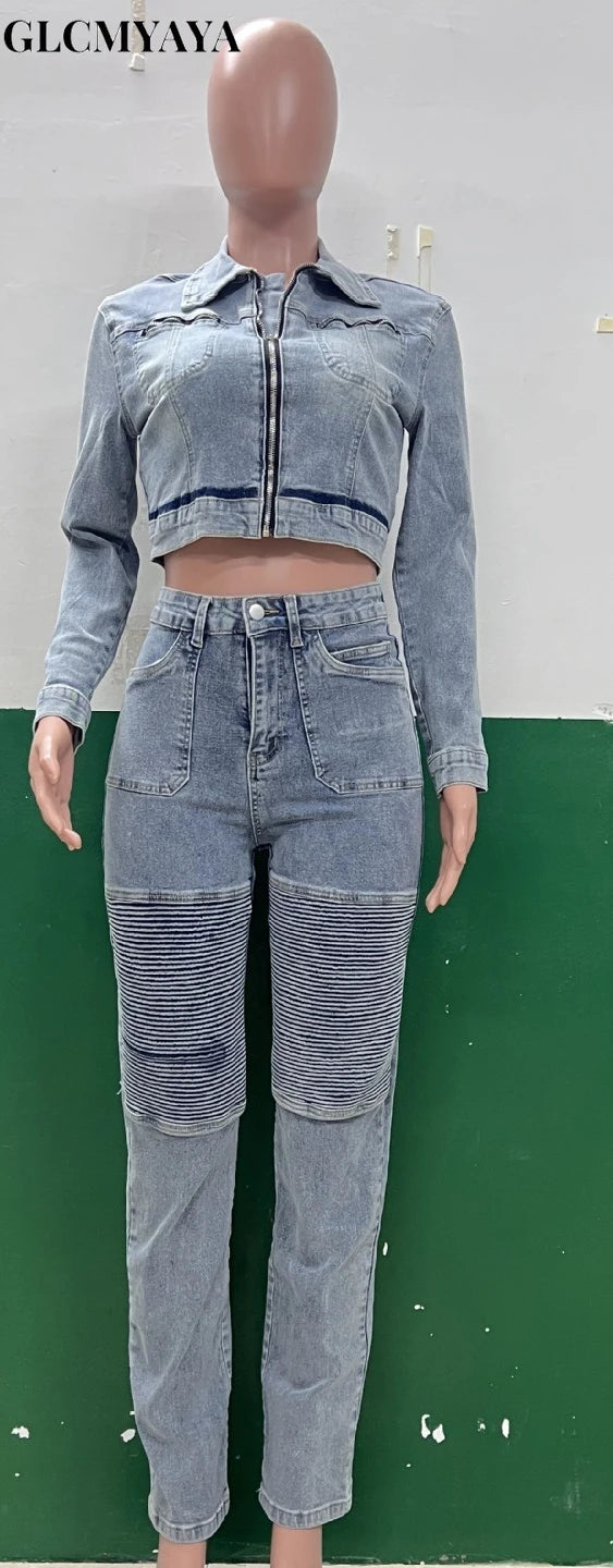 Women's Denim Patchwork Jacket & Fitted Jeans Set