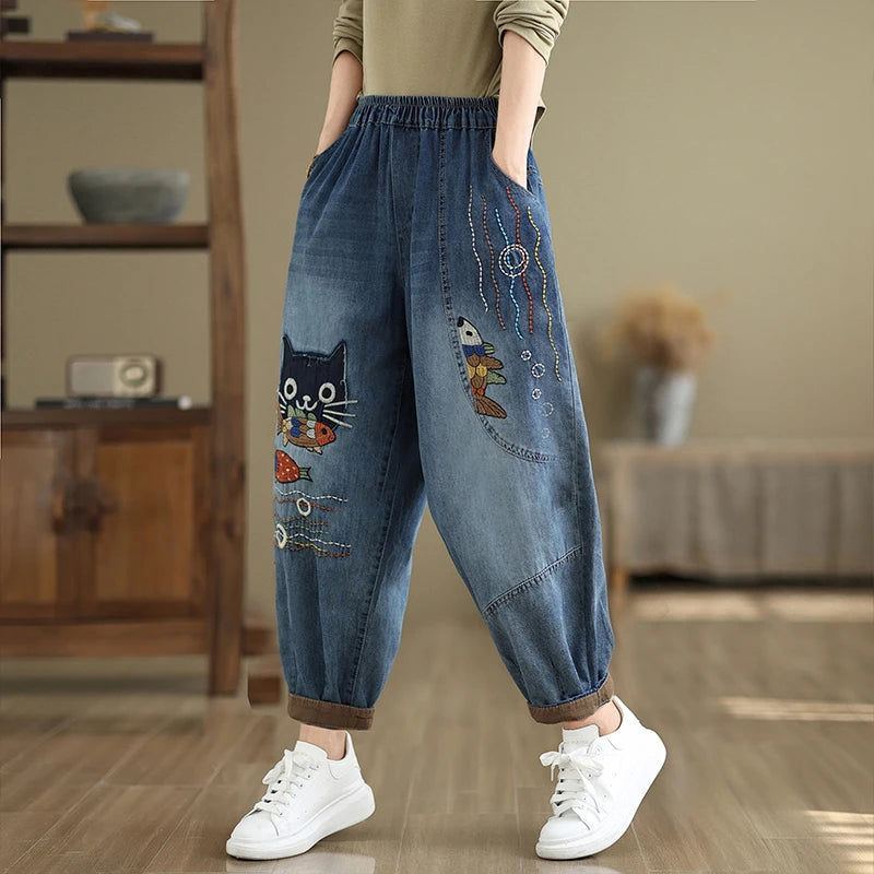 Women's Owl-Embroidered Cropped Jeans — product view