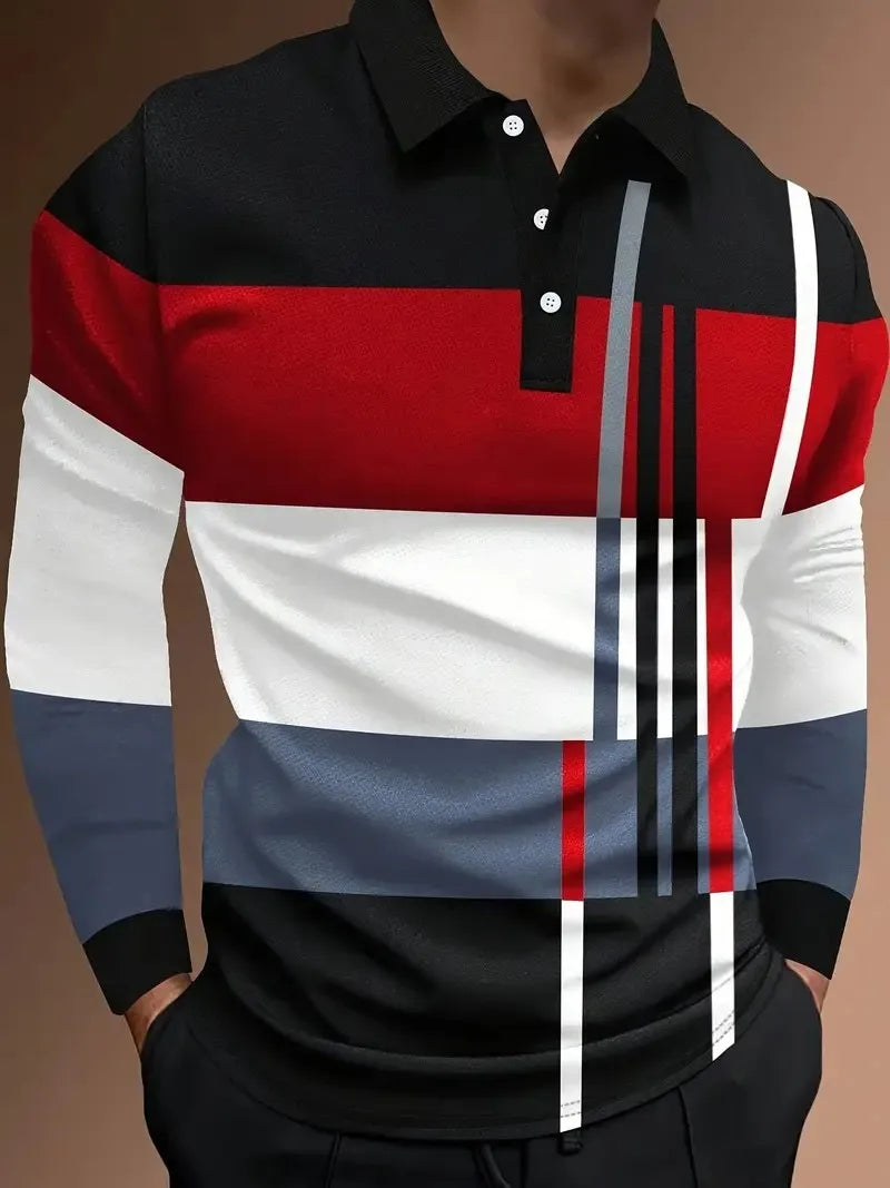 Men's Striped Long-Sleeve Polo Shirt