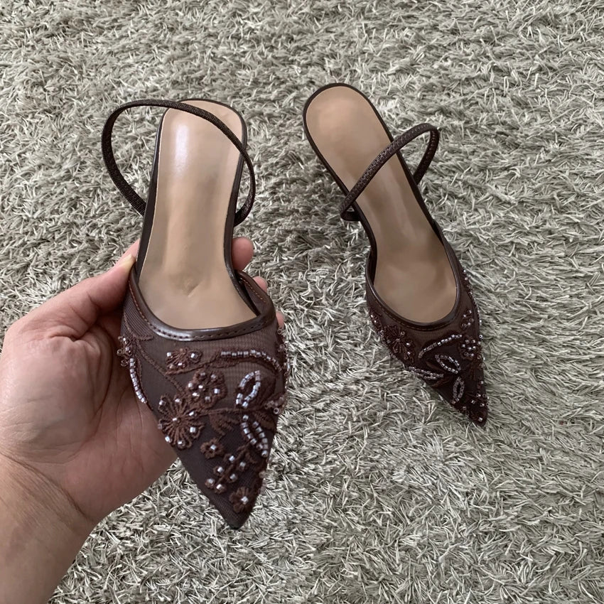 Women's Beaded Mesh Slingback Heels — product view