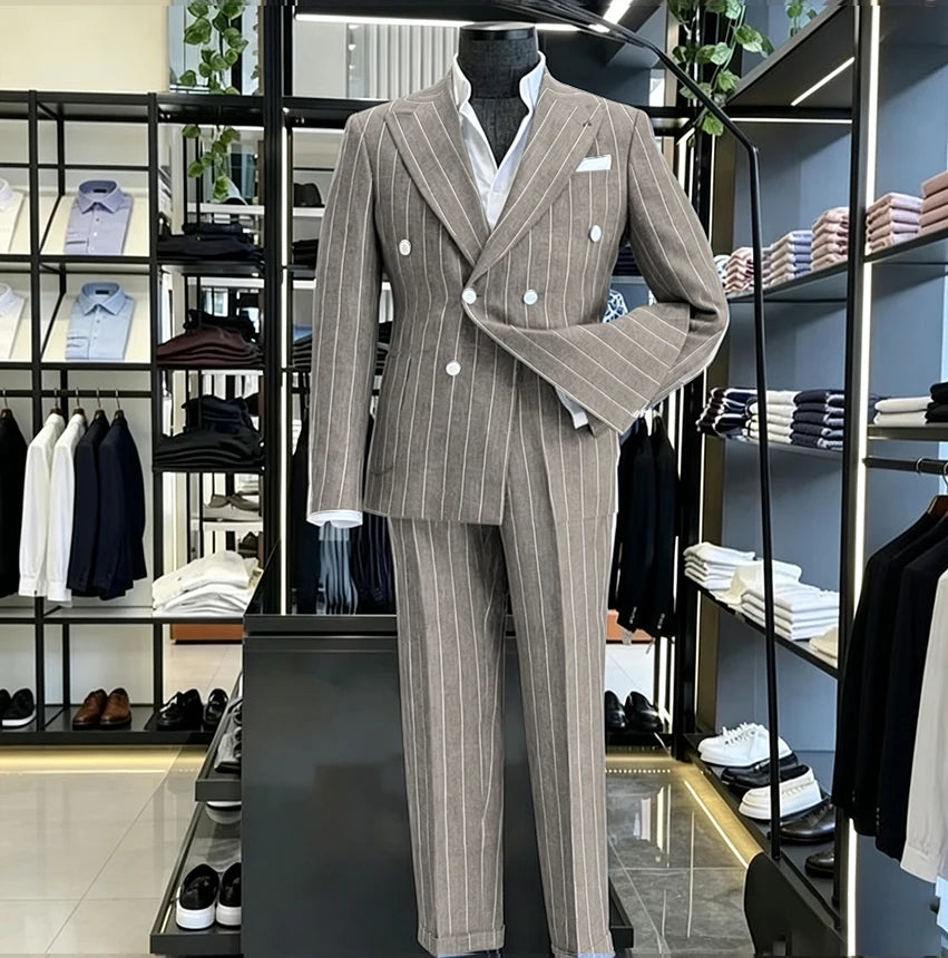 Men's Light Grey Pinstripe 2-Piece Double-Breasted Suit Set — product view