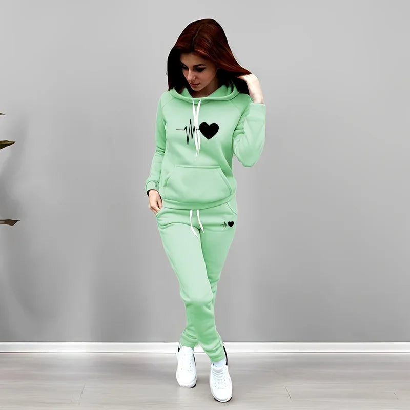 Women's Heart Print Hoodie & Pants Set