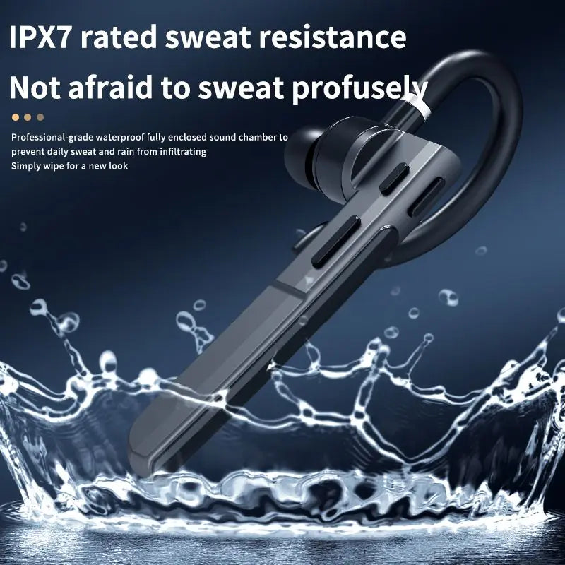 Black wireless earbud with a built-in ear hook, shown above a water splash graphic with marketing text about sweat resistance and waterproof performance.
