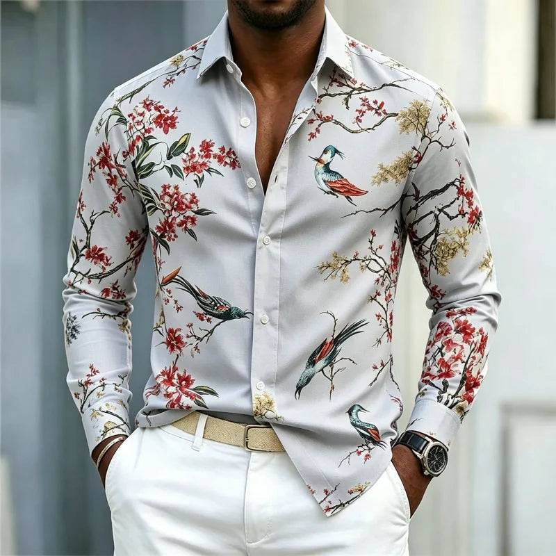 Men's Floral Print Long-Sleeve Casual Shirt