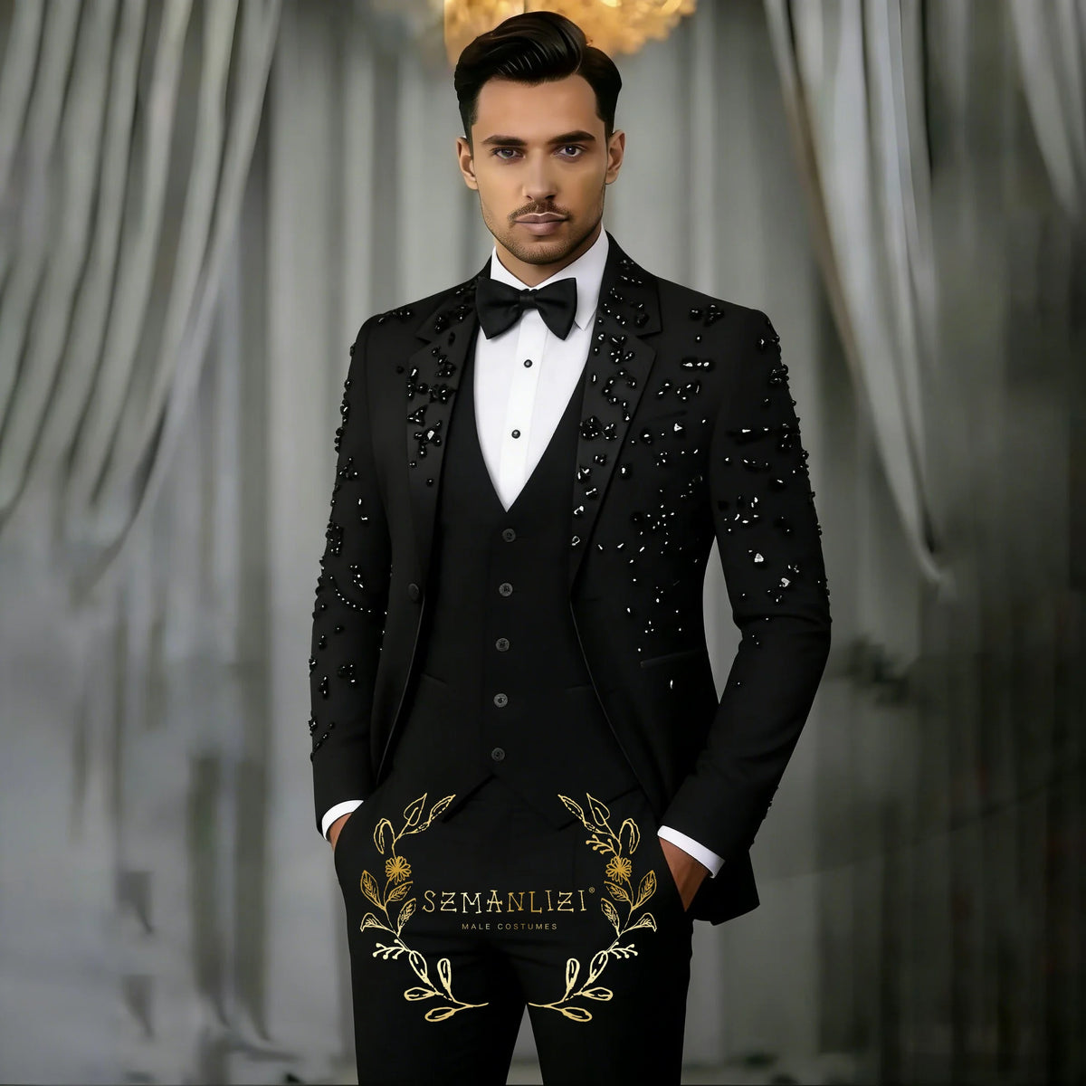 Men's Black Crystal Embellished 3-Piece Slim Fit Notched Lapel Suit Set — product view
