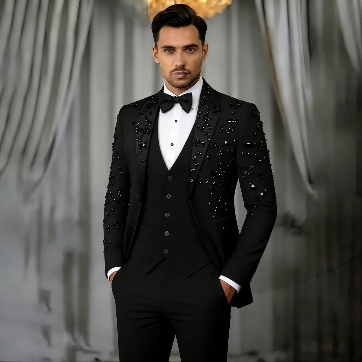Men's Black Crystal Embellished 3-Piece Slim Fit Notched Lapel Suit Set — product view