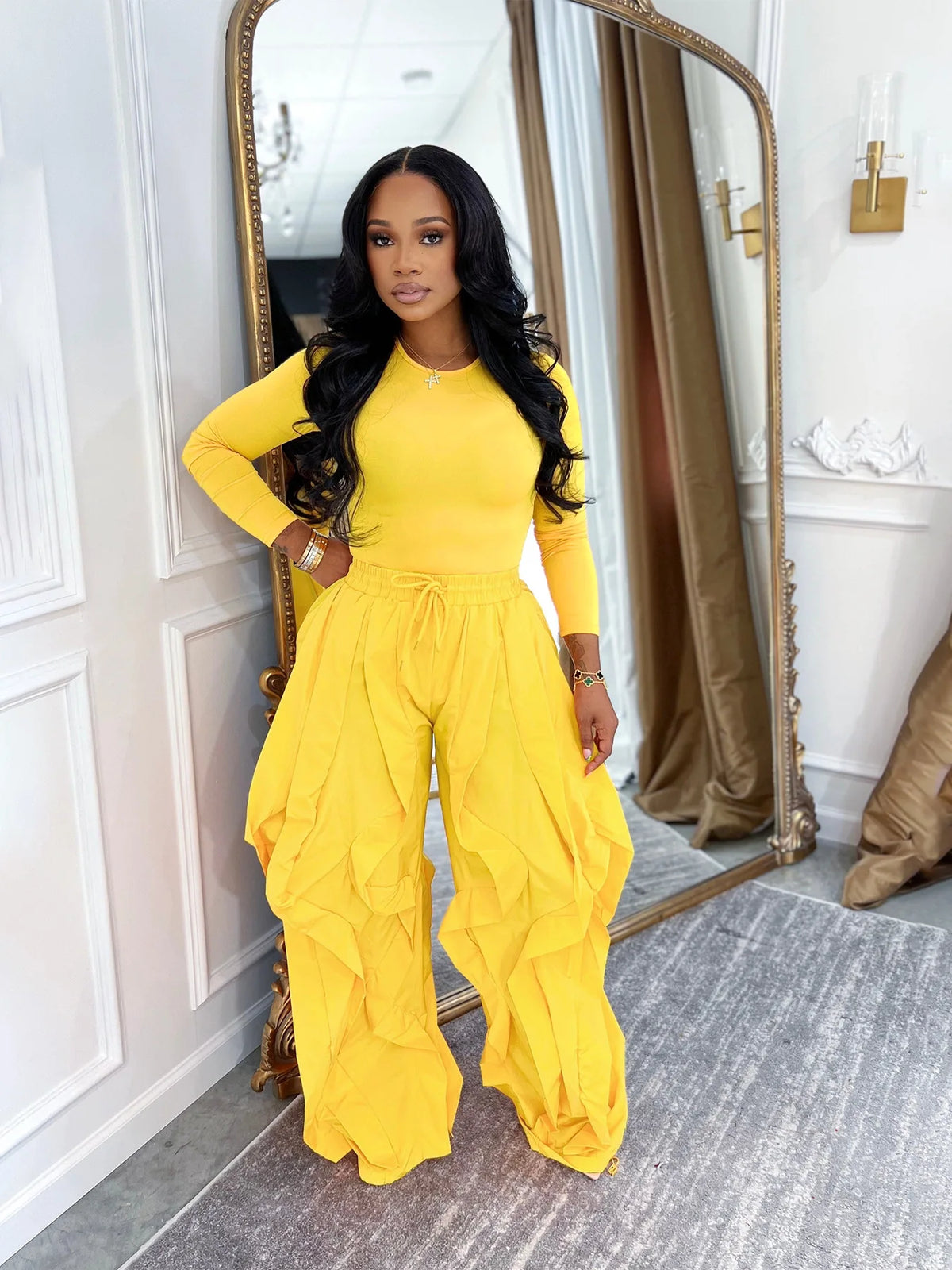 Women's Long-Sleeve Top & Ruffle Pants Set