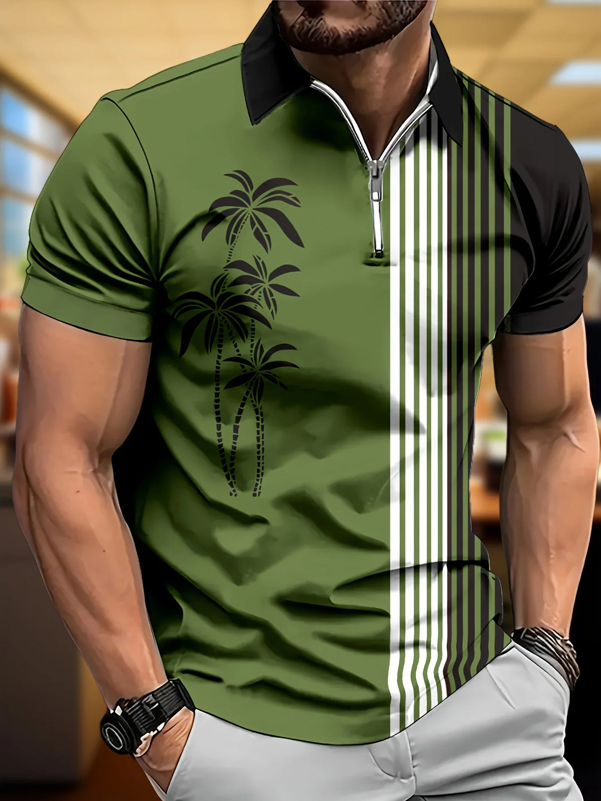 Men's Palm Tree Print Short-Sleeve Zip-Neck Polo Shirt