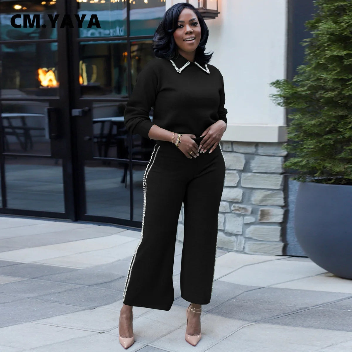 Women's Pearl-Detail Top & Wide-Leg Pants Set