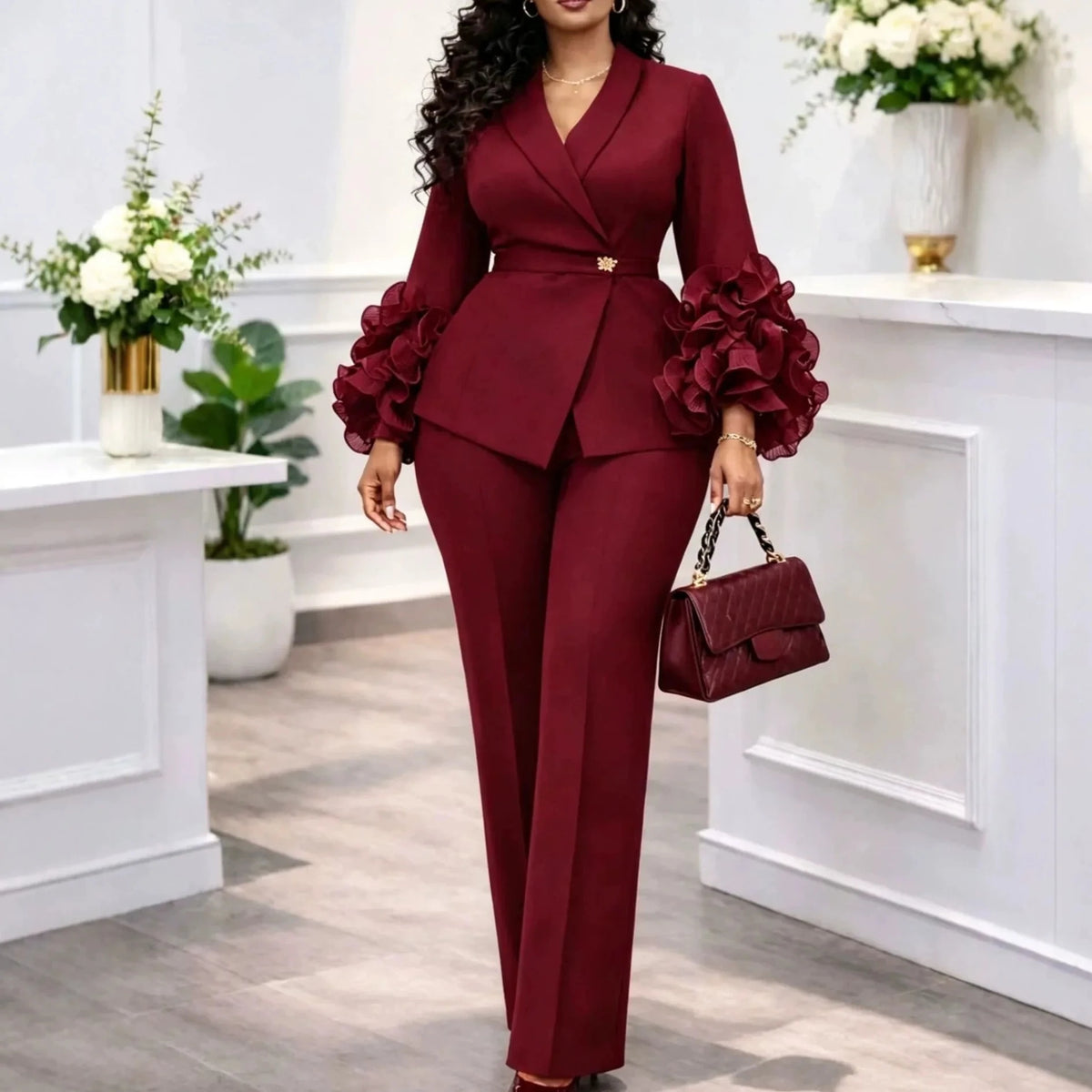 Women's Ruffle Blazer & Straight-Leg Pants Set