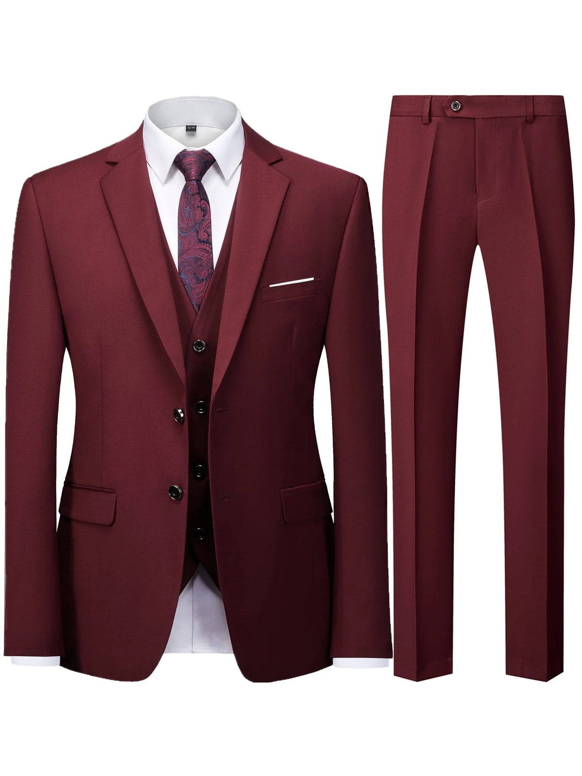 Men's Burgundy 3-Piece Slim Fit Suit Set — product view
