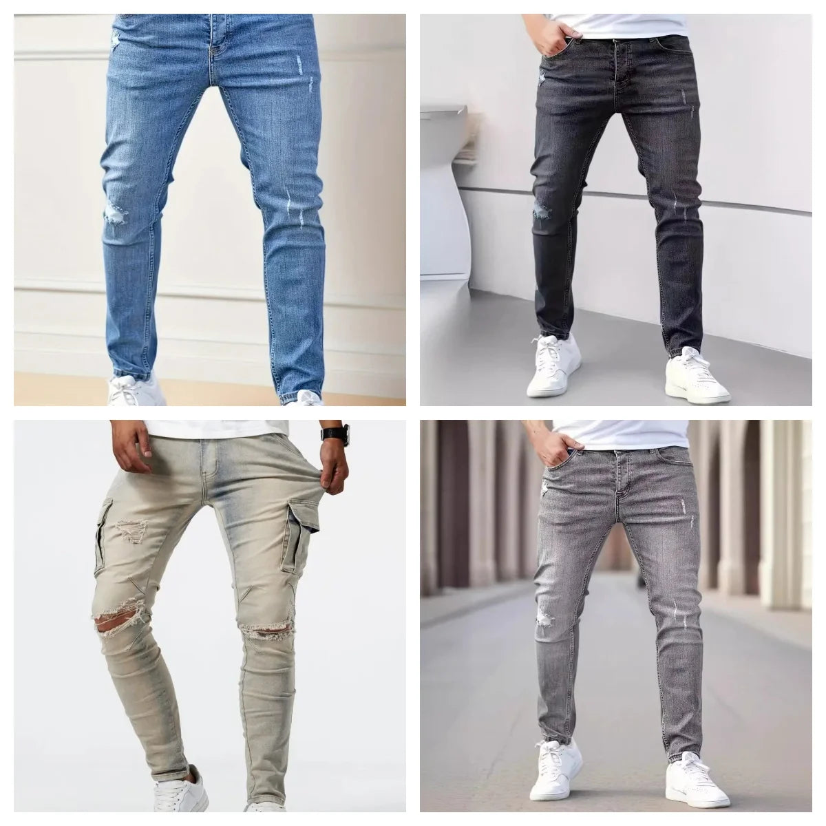 Men's Black Slim Fit Stretch Denim Jeans - Ripped Detail — product view