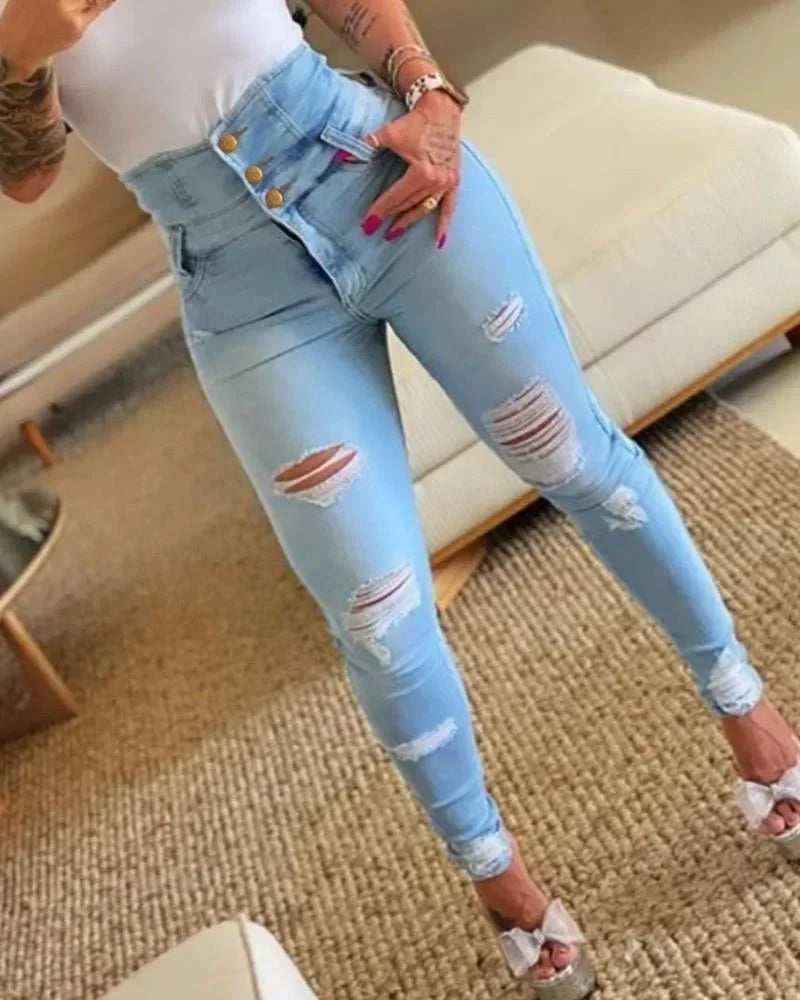 Women's Distressed Stretch Pencil Jeans — product view