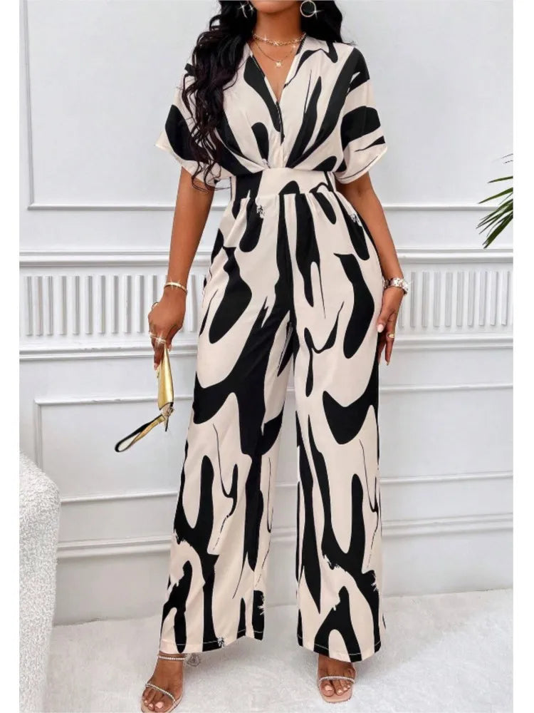 Women's Printed V-Neck Wide-Leg Jumpsuit