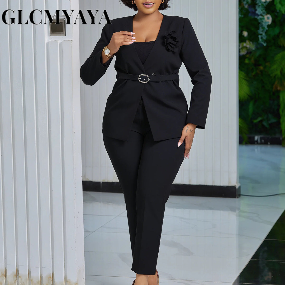 Women's Floral-Detail Belted Blazer & Pants Set