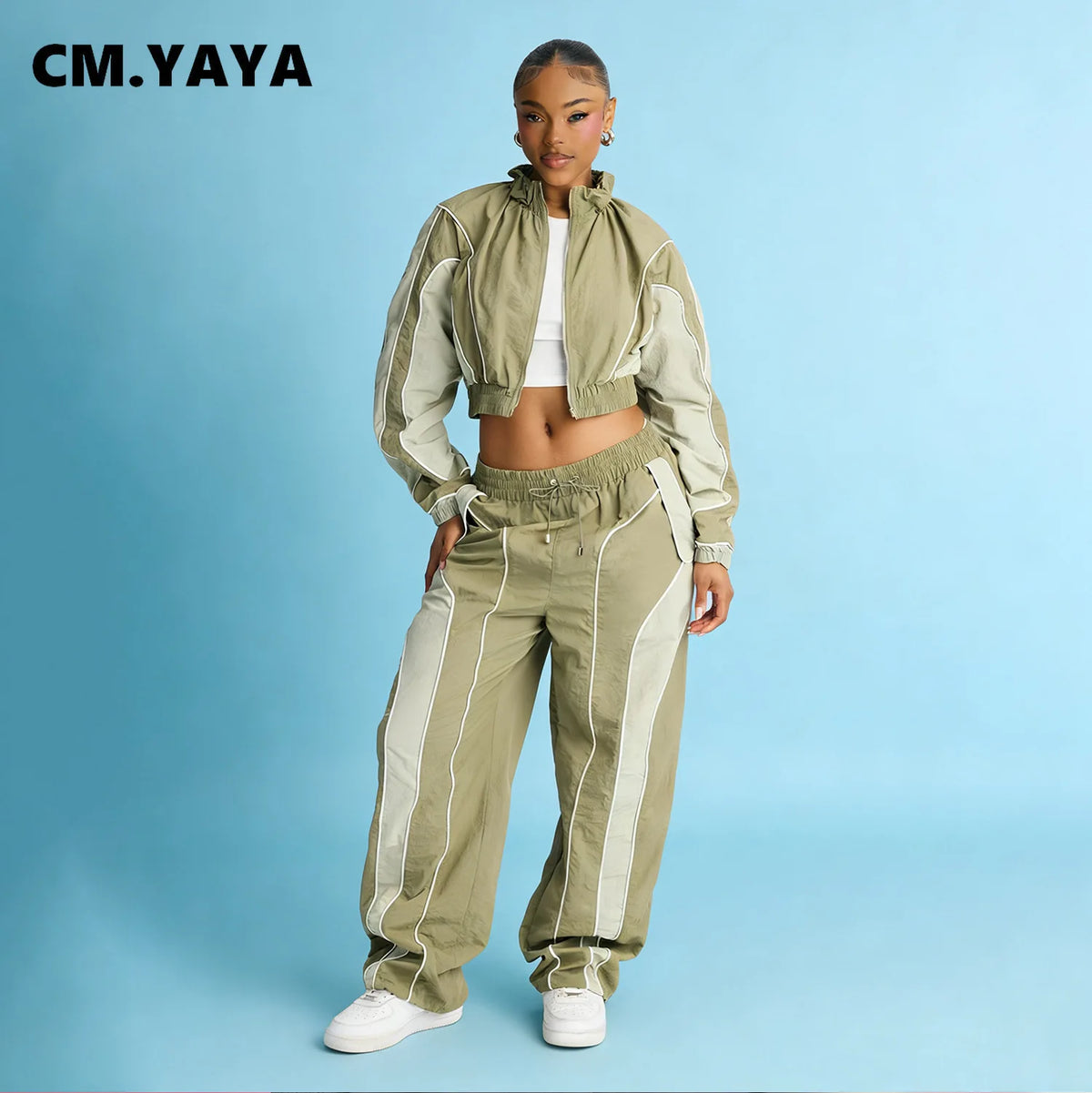 Women's Colour-Block Zip Jacket & Wide-Leg Pants Set